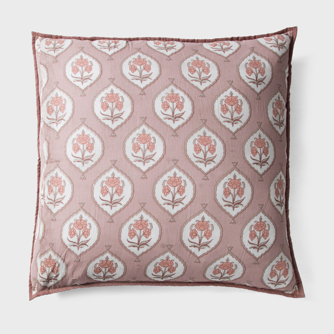 Close-up of blush pink euro printed pattern and cotton fabric texture