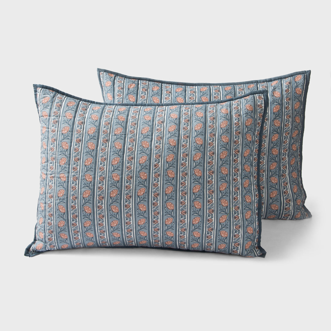 Set of two block printed blue cotton standard sham covers in Kunj design