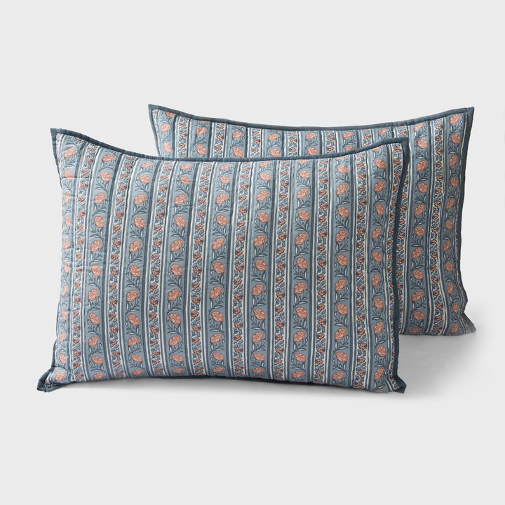 Set of two block printed blue cotton standard sham covers in Kunj design