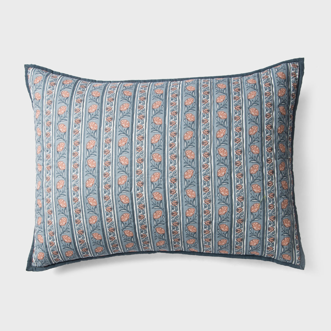 Close-up of blue standard printed pattern and cotton fabric texture
