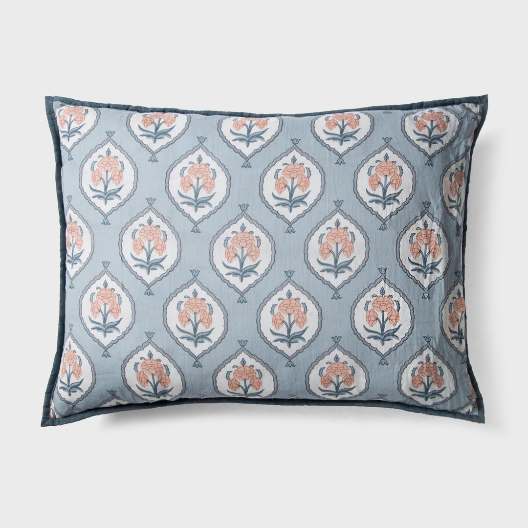 Close-up of blue standard printed pattern and cotton fabric texture
