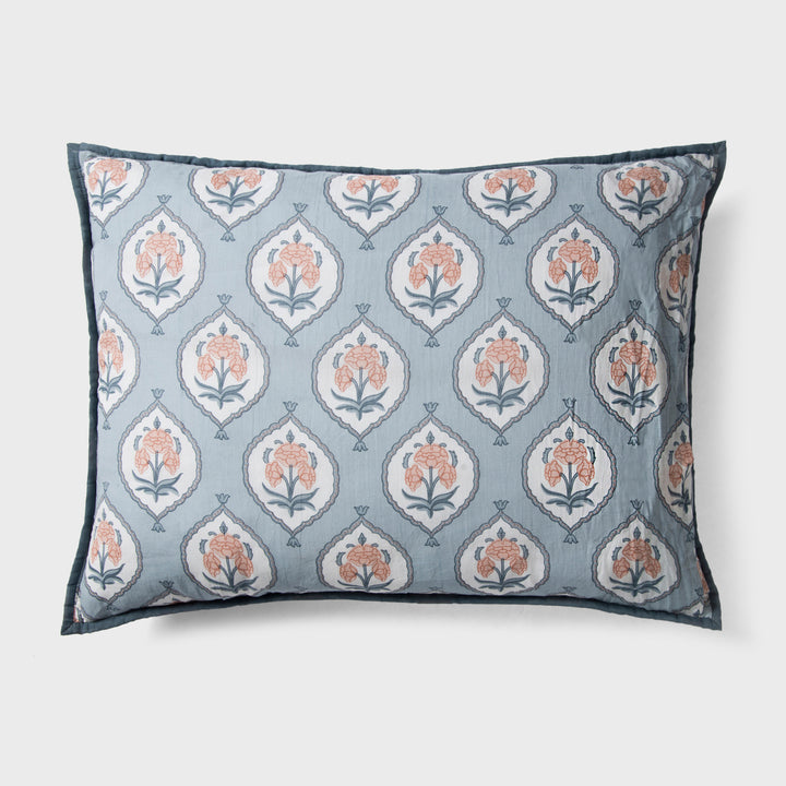 Close-up of blue standard printed pattern and cotton fabric texture