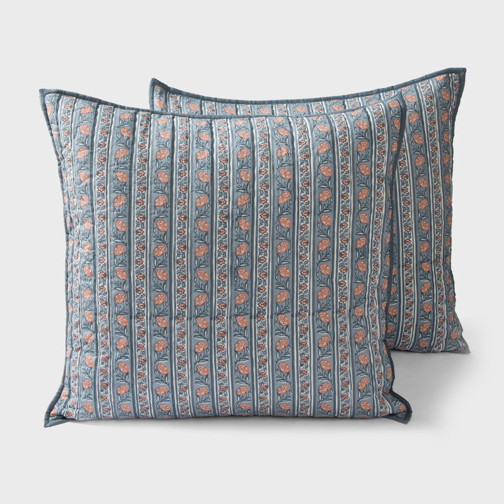 Set of two block printed blue cotton euro sham covers in Kunj design