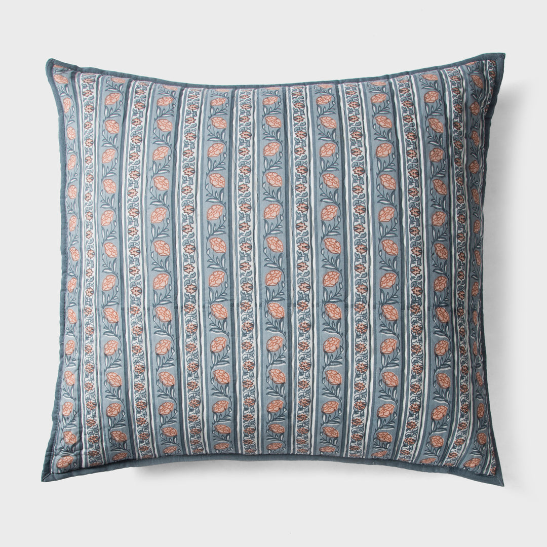 Close-up of blue euro printed pattern and cotton fabric texture