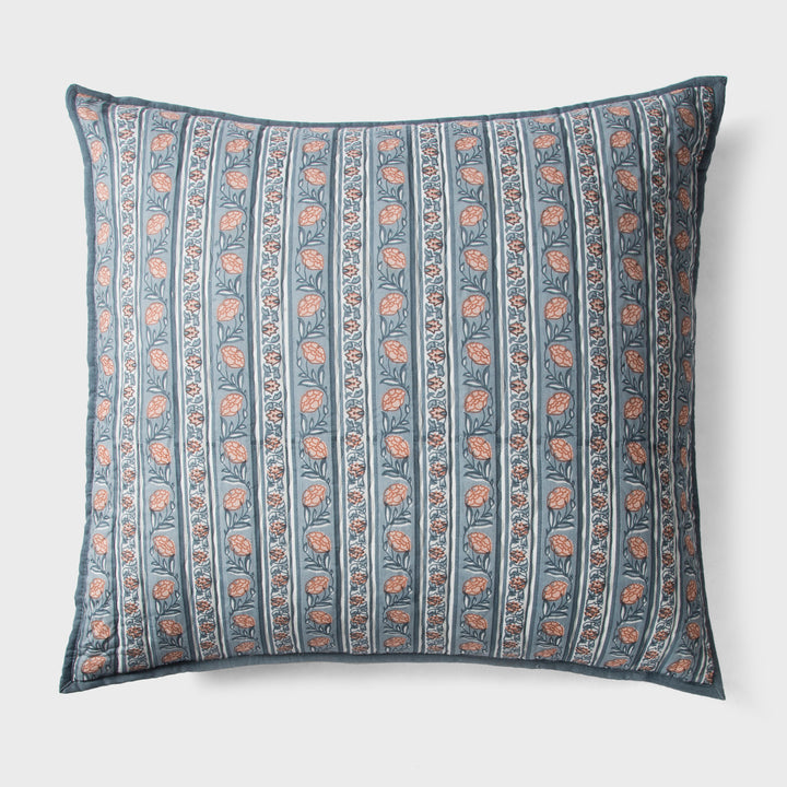 Close-up of blue euro printed pattern and cotton fabric texture
