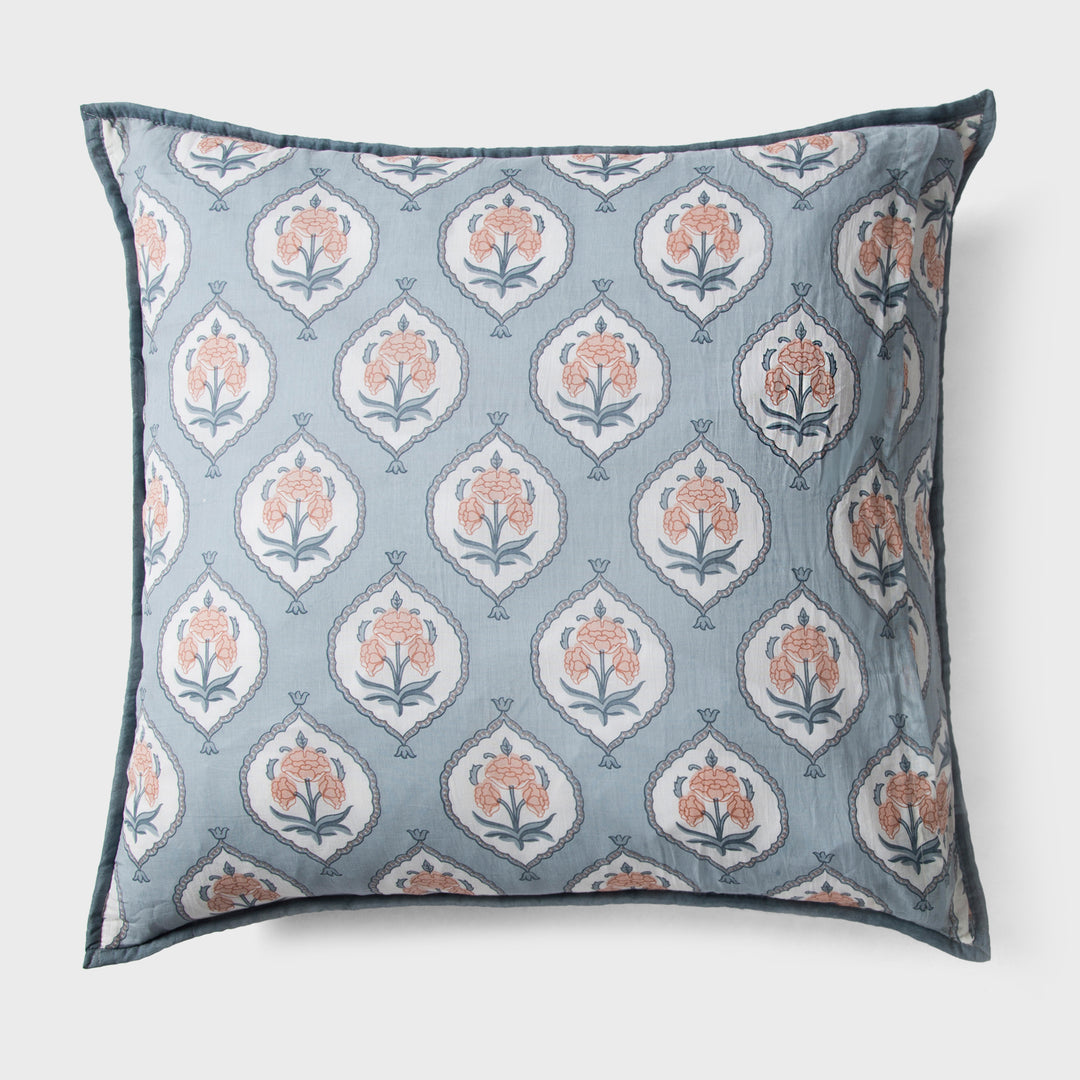 Close-up of blue euro printed pattern and cotton fabric texture