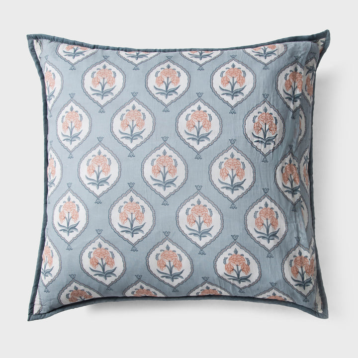 Close-up of blue euro printed pattern and cotton fabric texture