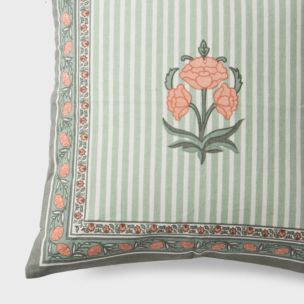 Close-up of printed floral pattern on cotton cushion cover