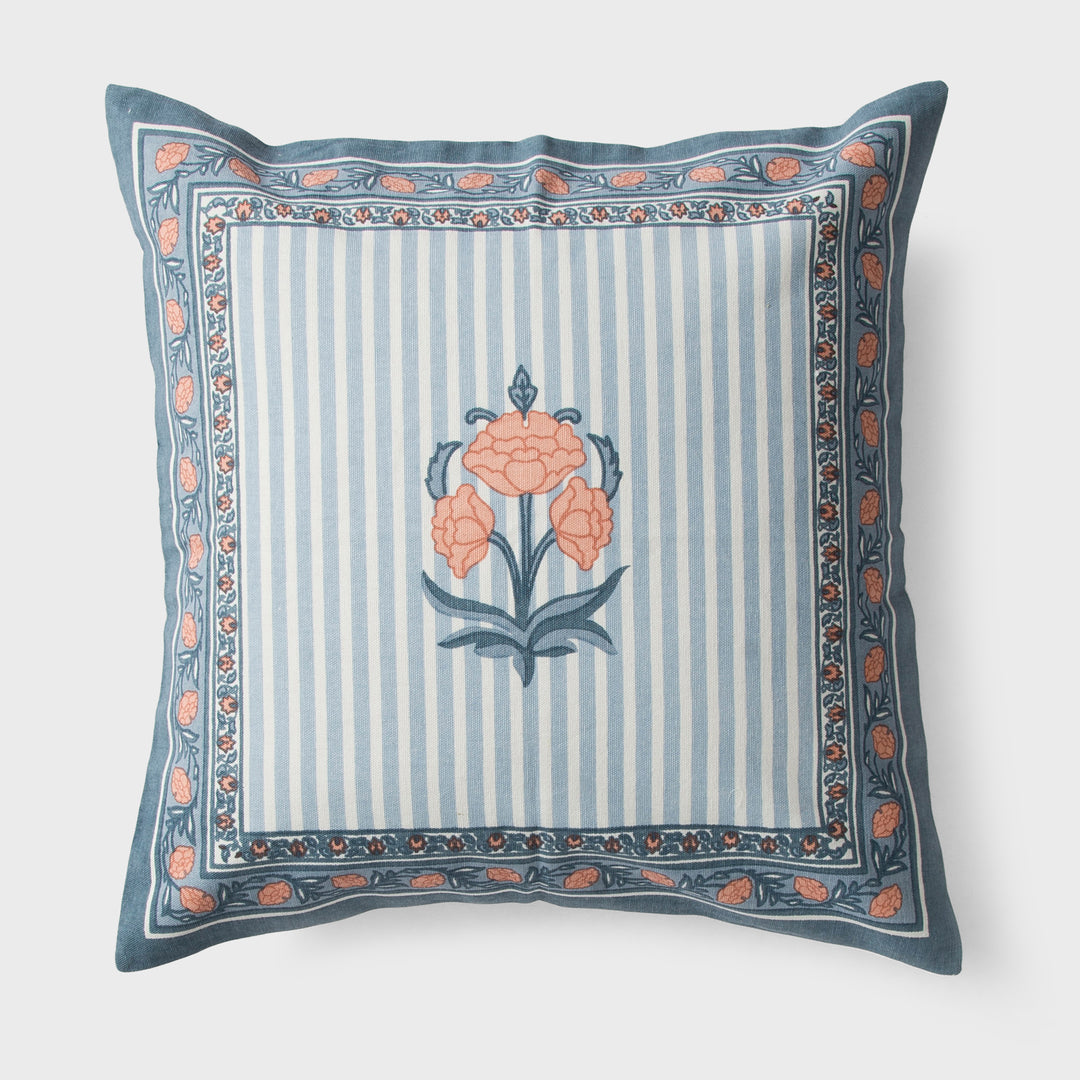 Close-up of printed floral pattern on cotton cushion cover