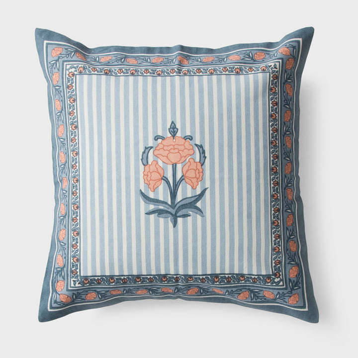 Close-up of printed floral pattern on cotton cushion cover
