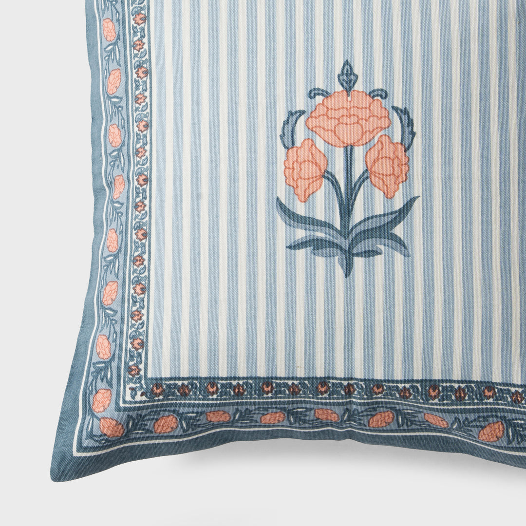 Close-up of printed floral pattern on cotton cushion cover
