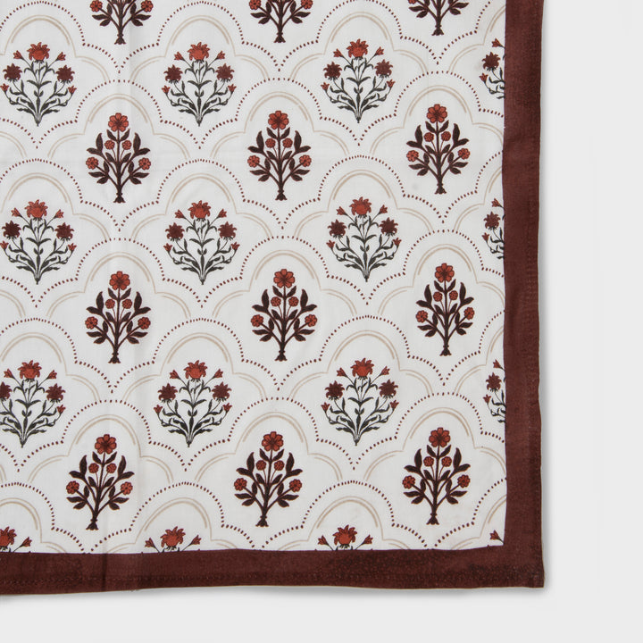 Close-up of ornate floral print on cotton fabric