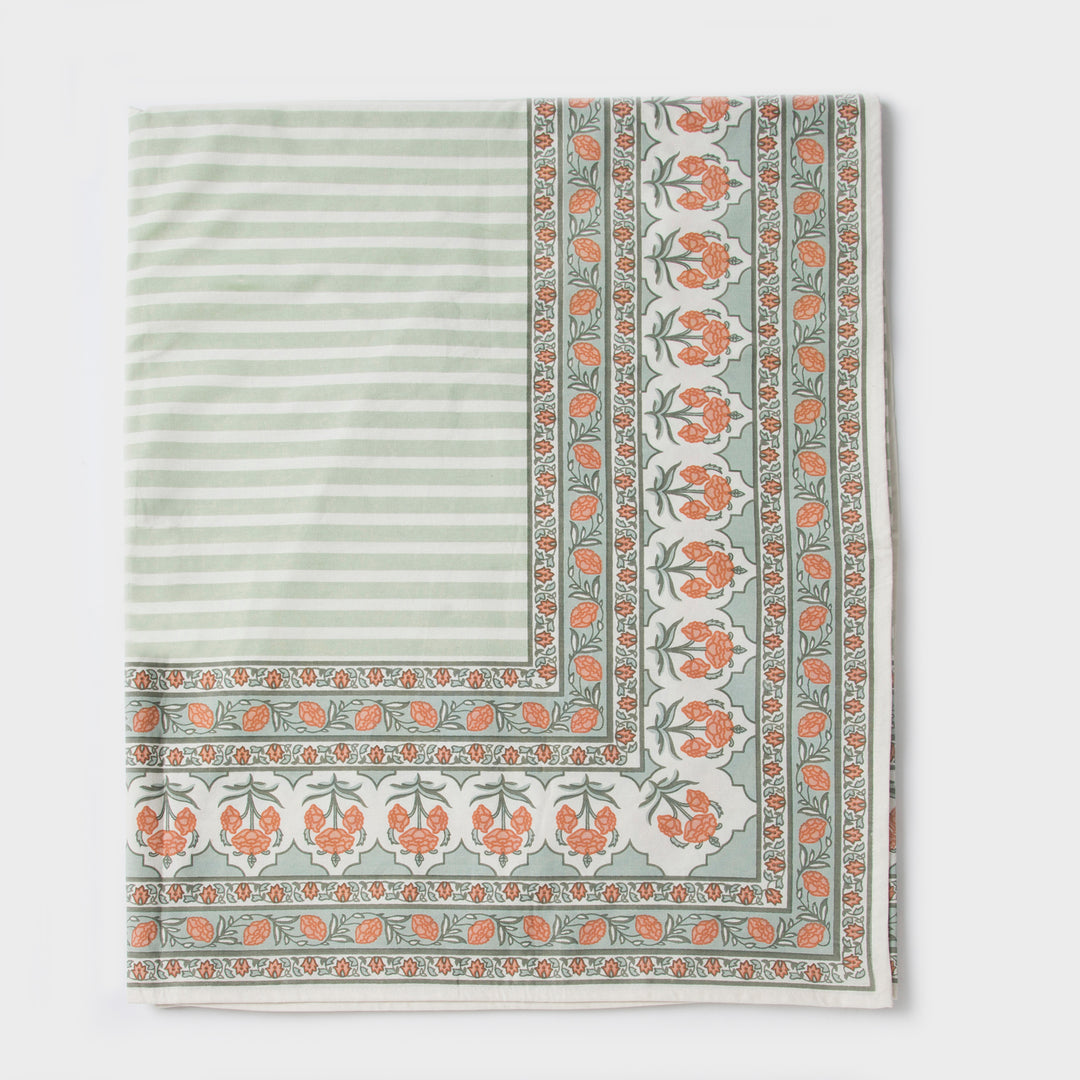 Close-up of Printed floral pattern on cotton tablecloth