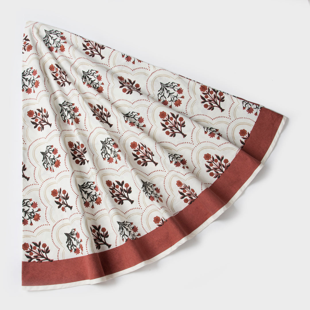 Close-up of ornate floral print on cotton fabric