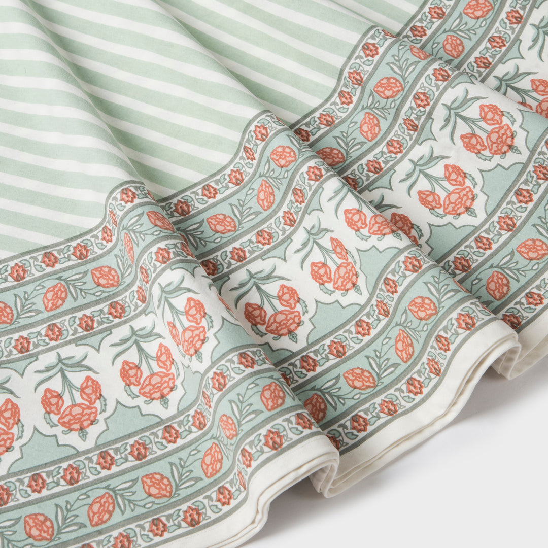 Close-up of Printed floral pattern on cotton tablecloth