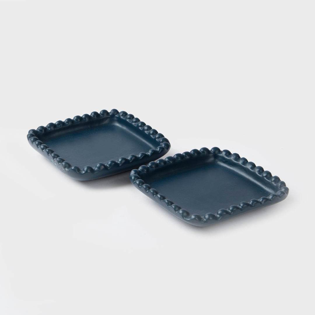 Set of two indigo terracotta trinket trays with beaded edge detailing from Raatriti collection