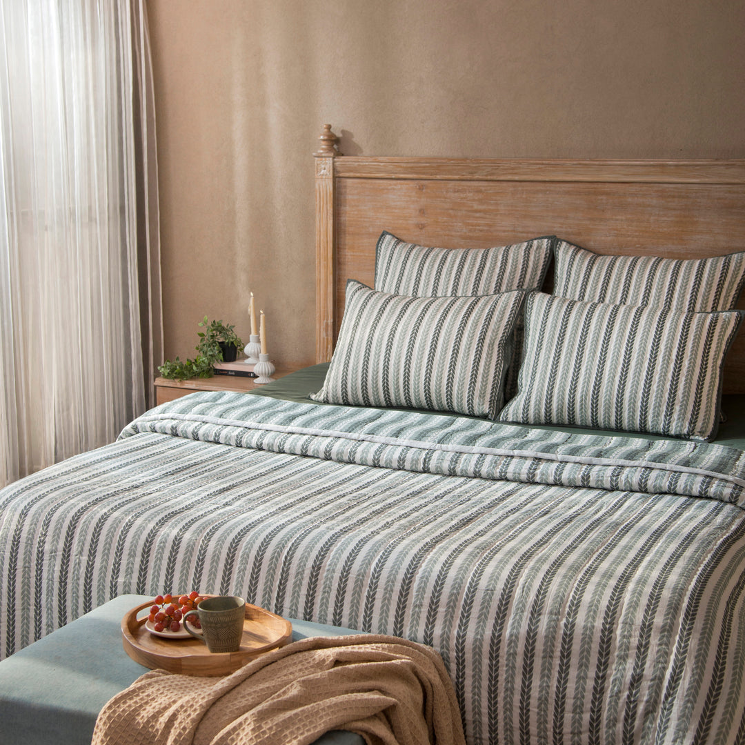 Leher Leafy Handprinted Striped Cotton Reversible Quilt