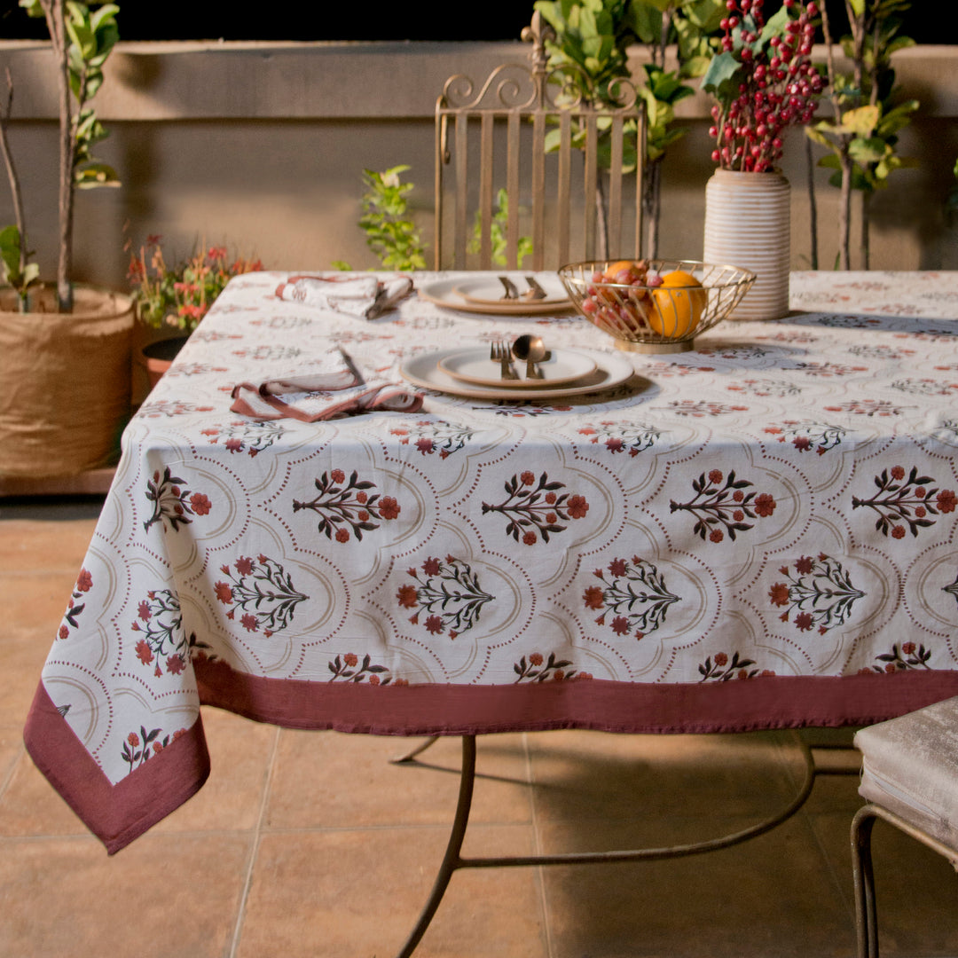 Gulnaar Floral Handprinted Cotton Table Cloth in Rust & Maroon