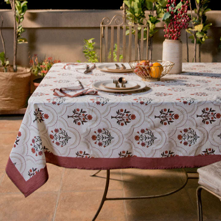 Gulnaar Floral Handprinted Cotton Table Cloth in Rust & Maroon