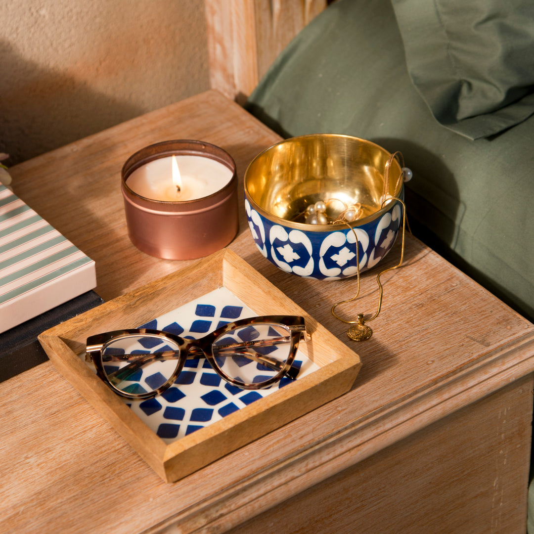 Lattice Blue Trinket Bowl & Tray Gift Box Set