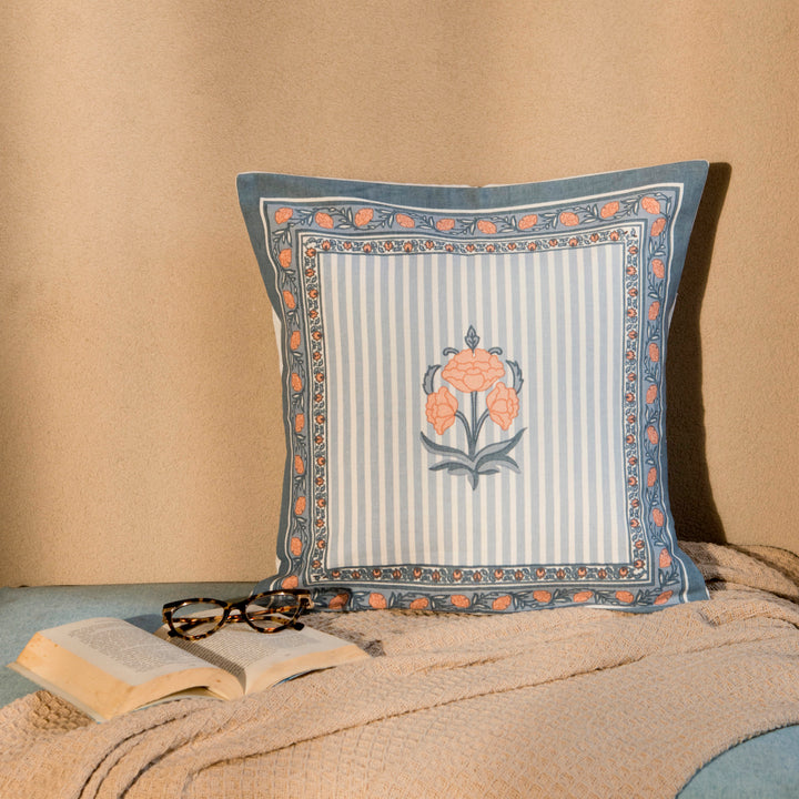 Kesar Floral Handprinted Cotton Cushion Cover