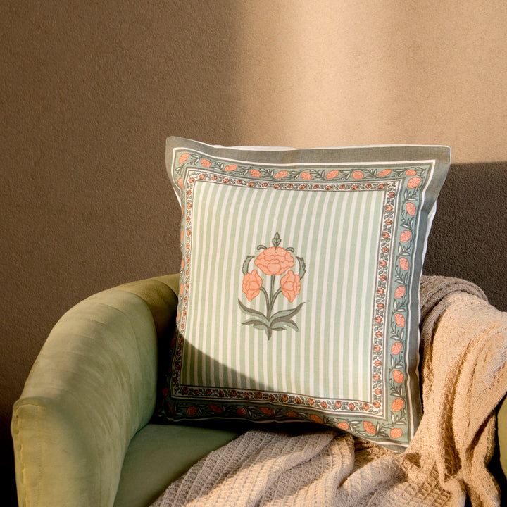 Kesar Floral Handprinted Cotton Cushion Cover