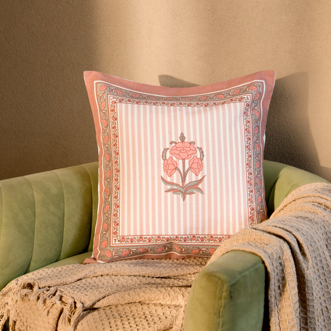 Kesar Floral Handprinted Cotton Cushion Cover