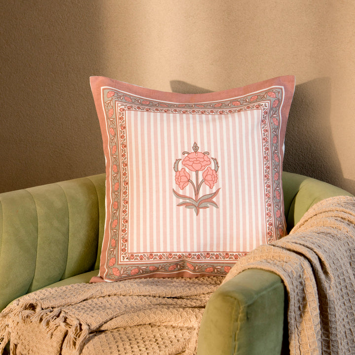 Kesar Floral Handprinted Cotton Cushion Cover