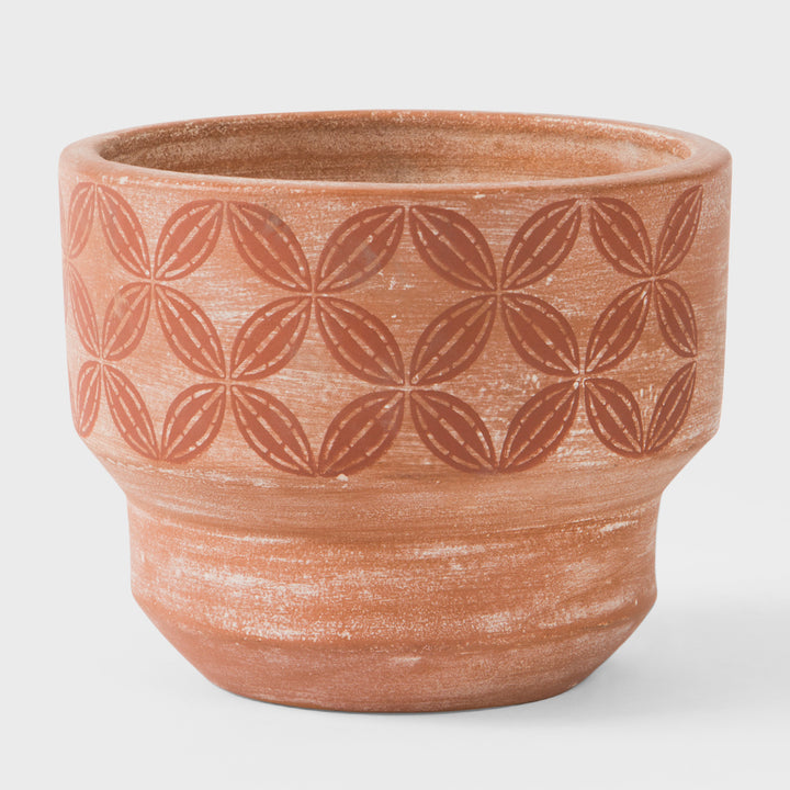 Hand painted large terracotta planter with cream and ochre geometric motif 7 inch diameter  