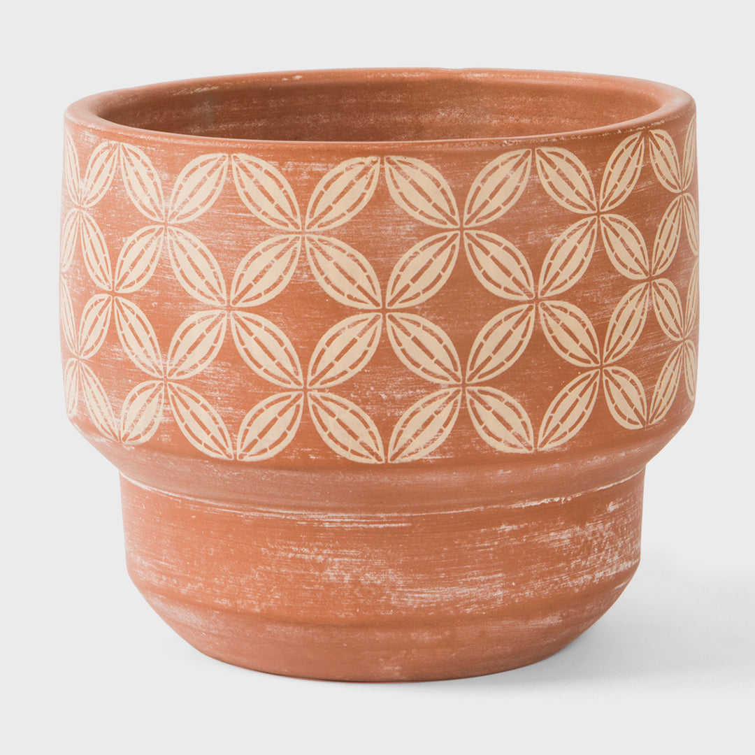 Hand painted large terracotta planter with cream and ochre geometric motif 8.5 inch diameter  