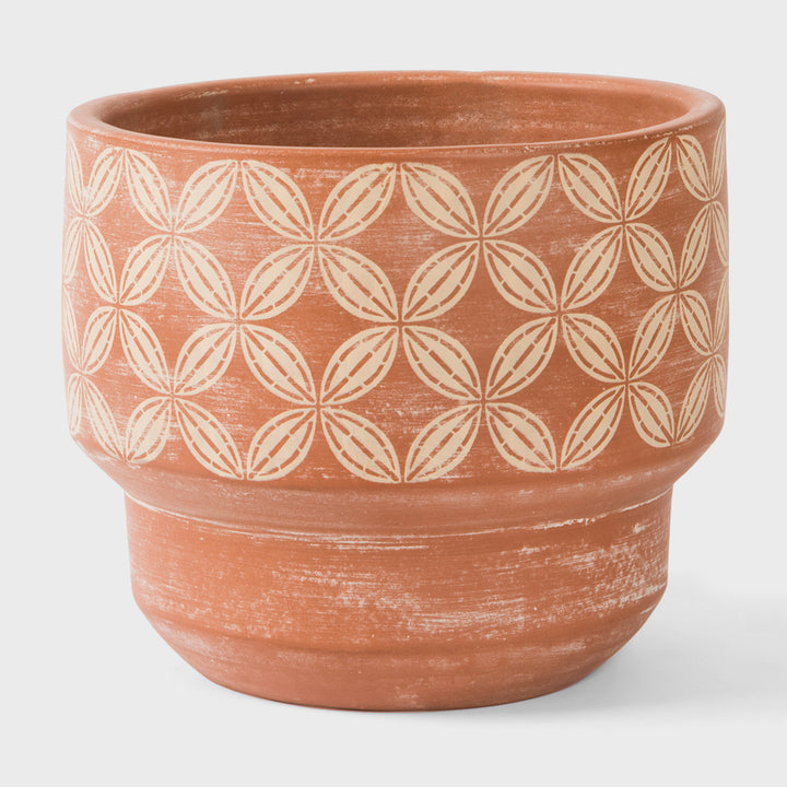 Hand painted large terracotta planter with cream and ochre geometric motif 8.5 inch diameter  
