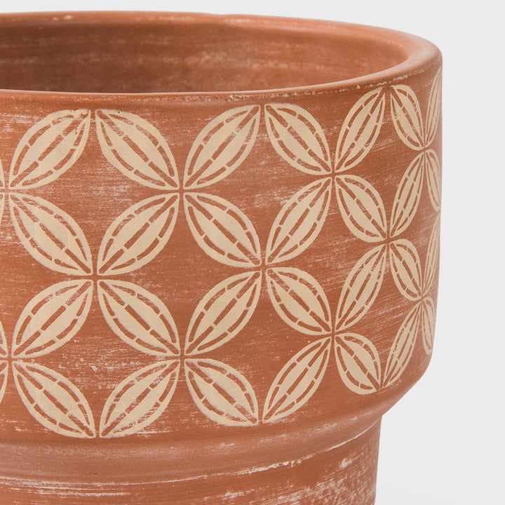 Close-up of stepped profile raw terracotta clay and hand painted cream and ochre band detail  