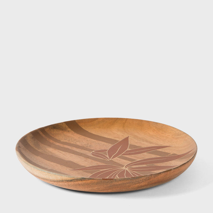 : Hand painted 8 inch acacia wood plate with leaf motif set of 2 on natural wood grain background  