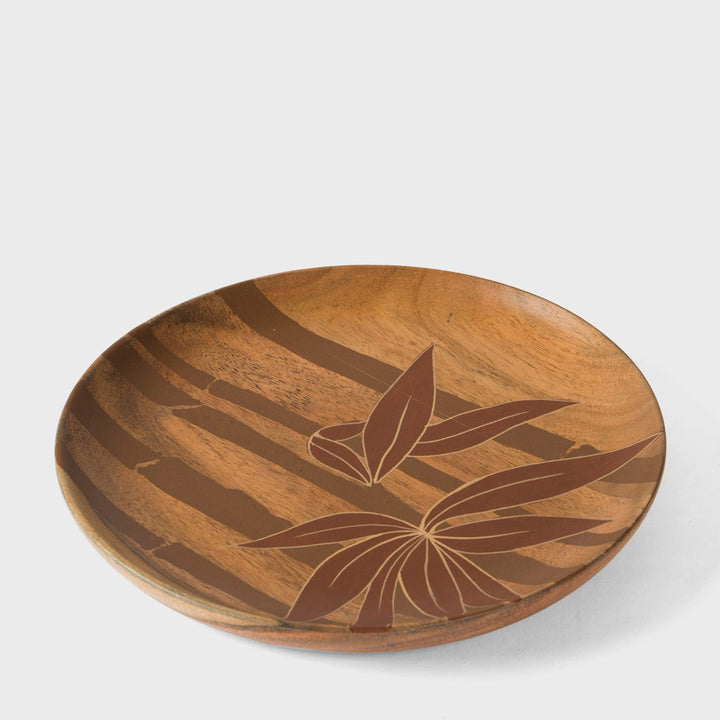 : Hand painted 8 inch acacia wood plate with leaf motif set of 2 on natural wood grain background  