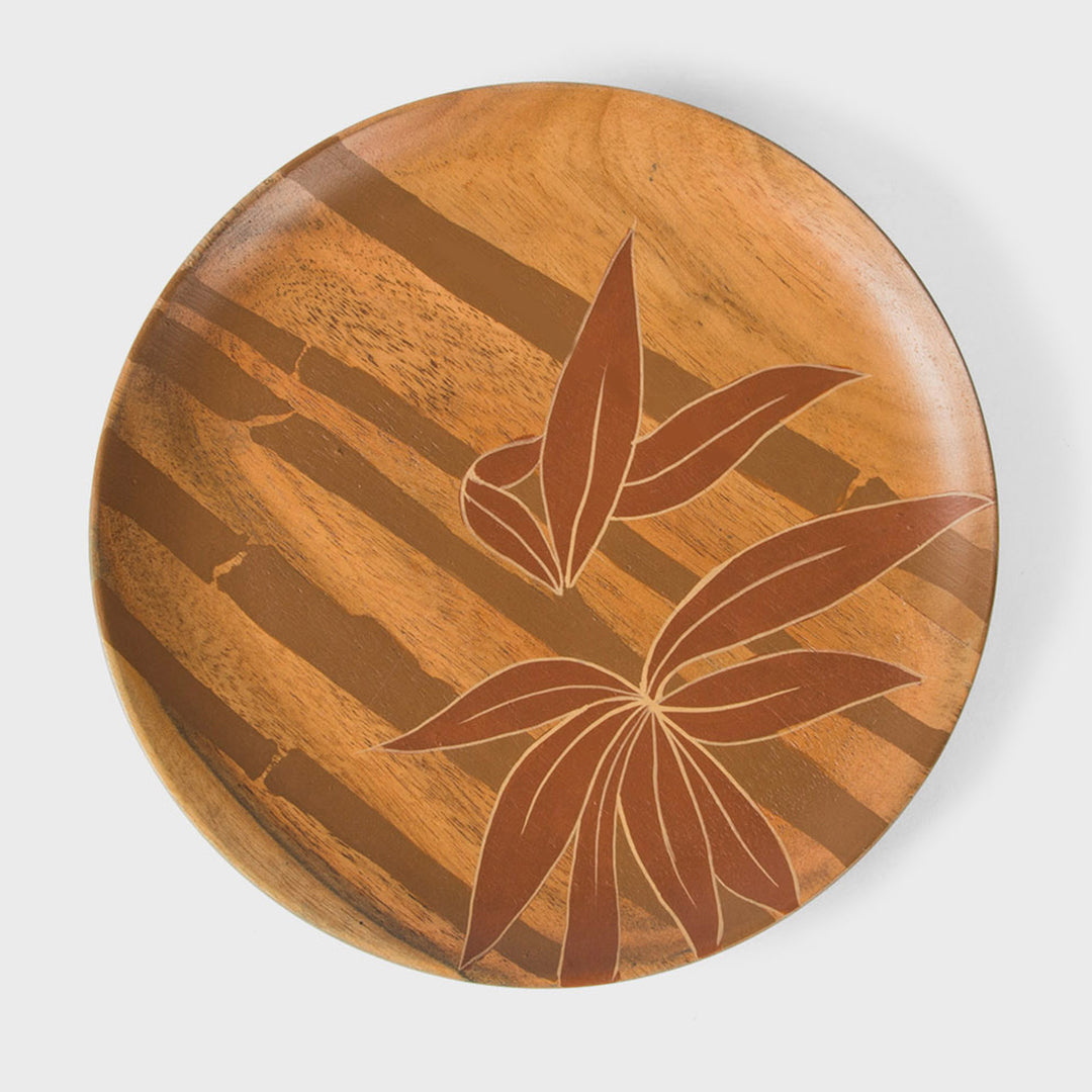 : Hand painted 8 inch acacia wood plate with leaf motif set of 2 on natural wood grain background  