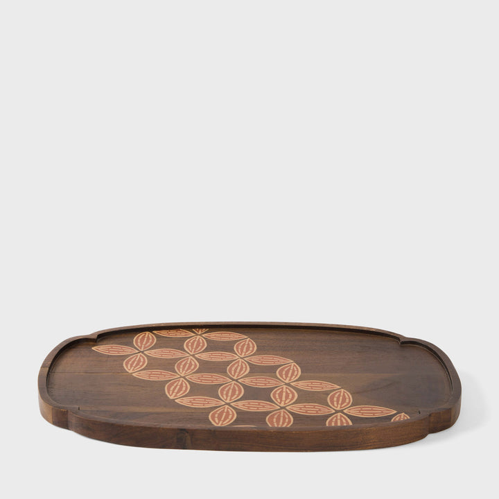  Hand painted acacia wood serving platter 16 x 10 inch with geometric leaf motif on dark wood grain  