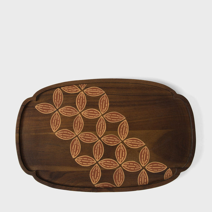  Hand painted acacia wood serving platter 16 x 10 inch with geometric leaf motif on dark wood grain  