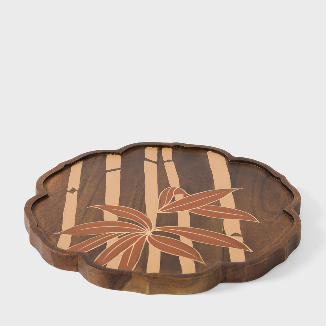 Hand painted 12.5 inch round acacia wood platter with scalloped rim and bamboo motif  