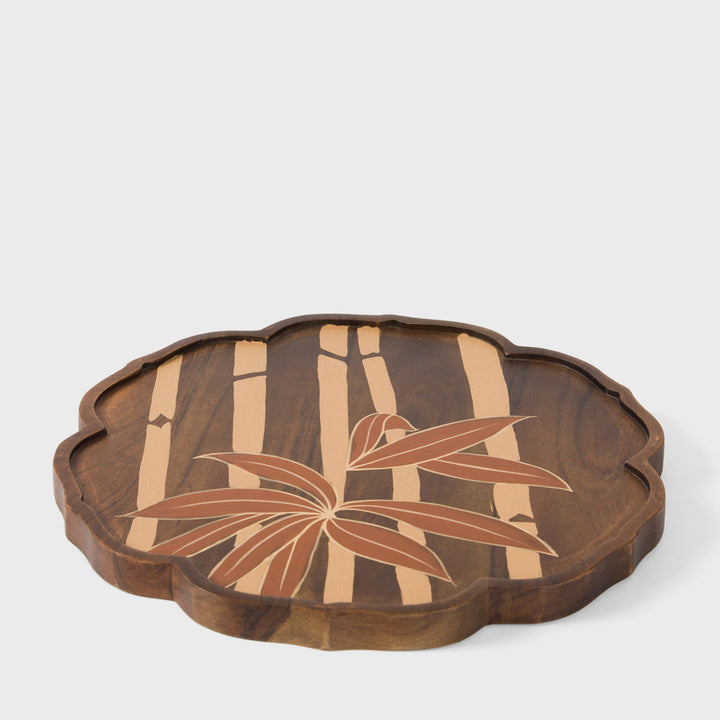 Hand painted 12.5 inch round acacia wood platter with scalloped rim and bamboo motif  