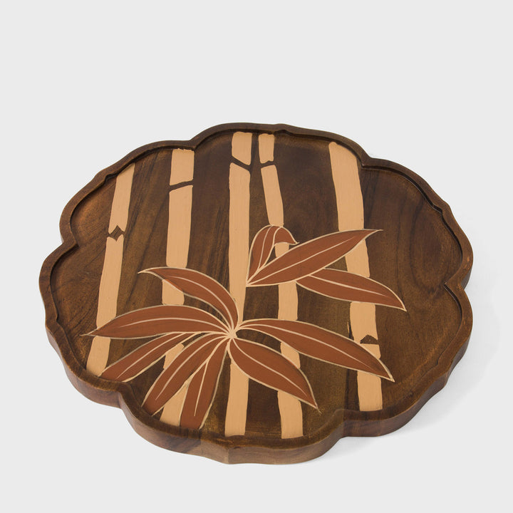 Hand painted 12.5 inch round acacia wood platter with scalloped rim and bamboo motif  