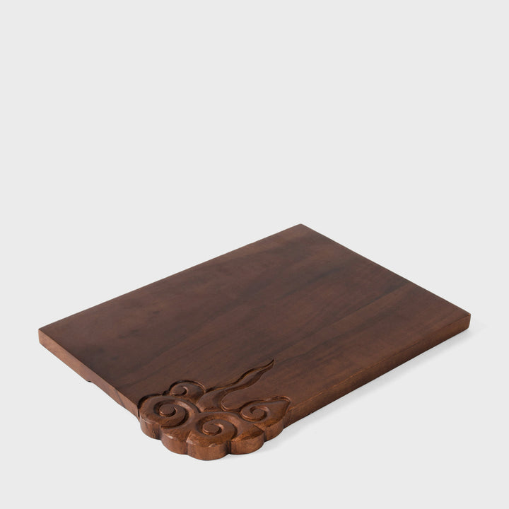 Hand carved Eastern Drift acacia wood serving platter 14x10.5 inch with corner cloud motif  