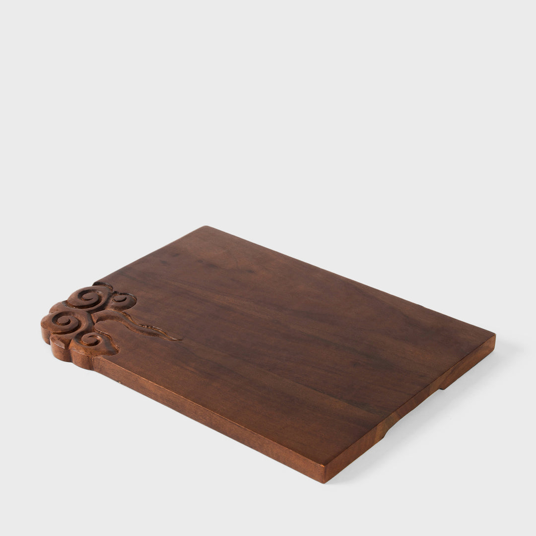 Hand carved Eastern Drift acacia wood serving platter 14x10.5 inch with corner cloud motif  