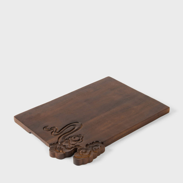 Hand carved Eastern Drift acacia wood serving platter 14x10.5 inch with split edge cloud carving 