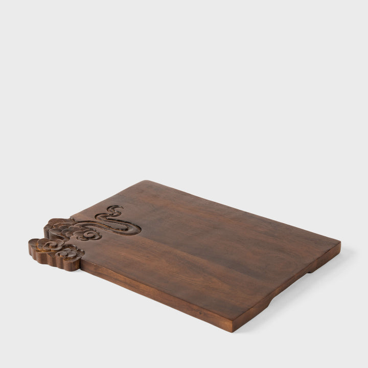 Hand carved Eastern Drift acacia wood serving platter 14x10.5 inch with split edge cloud carving 