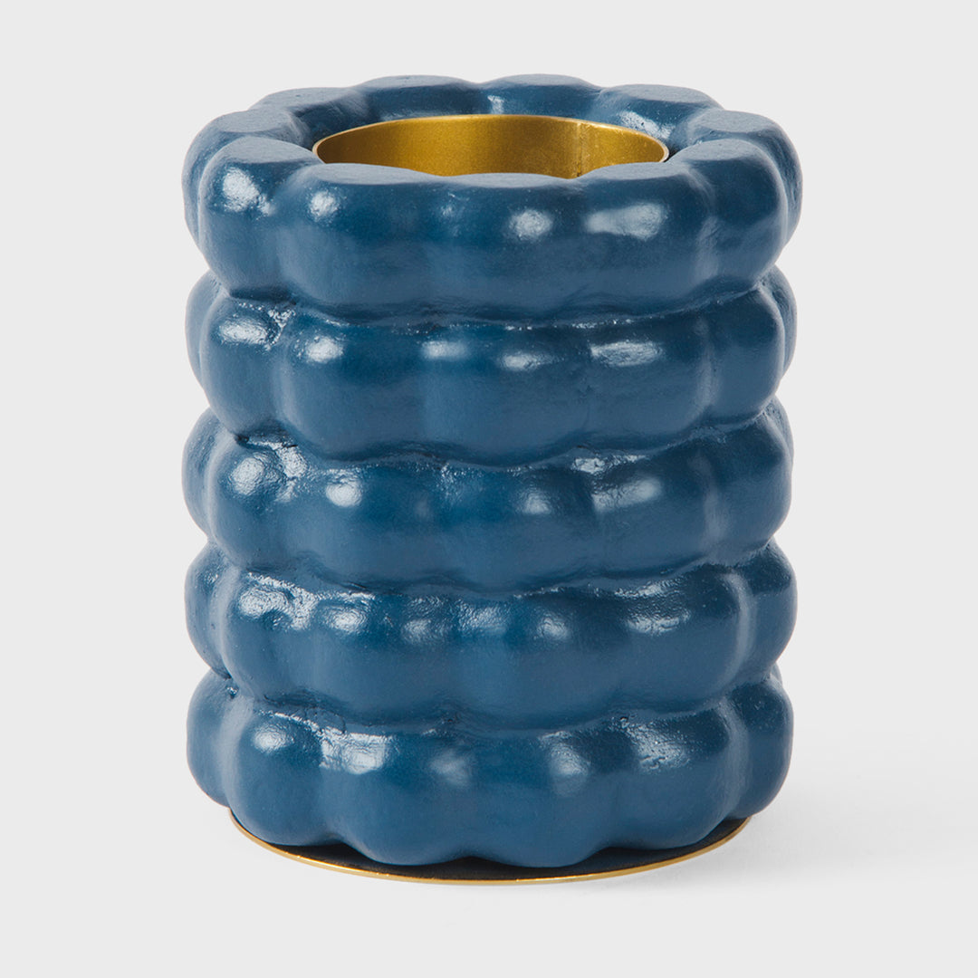 Handcrafted matte indigo terracotta utility holder with sculptural stacked bubble texture by Mela Artisans.