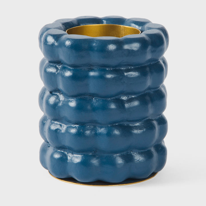 Handcrafted matte indigo terracotta utility holder with sculptural stacked bubble texture by Mela Artisans.