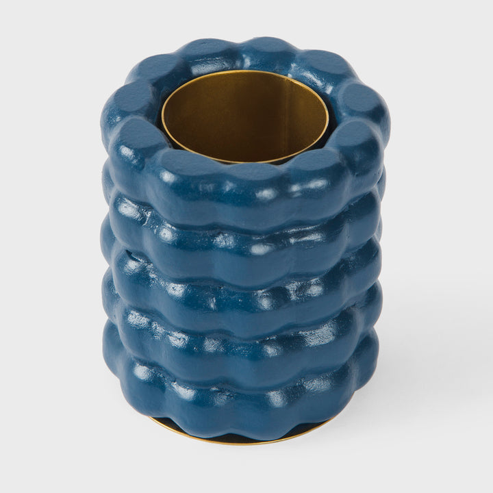 Handcrafted matte indigo terracotta utility holder with sculptural stacked bubble texture by Mela Artisans.
