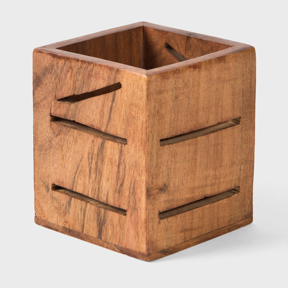 Hand carved square natural acacia wood pen cup holder 3.5x3.5x4 inch with linear cutouts 