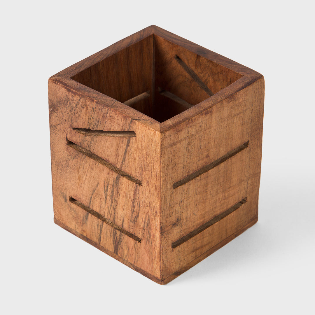 Hand carved square natural acacia wood pen cup holder 3.5x3.5x4 inch with linear cutouts 