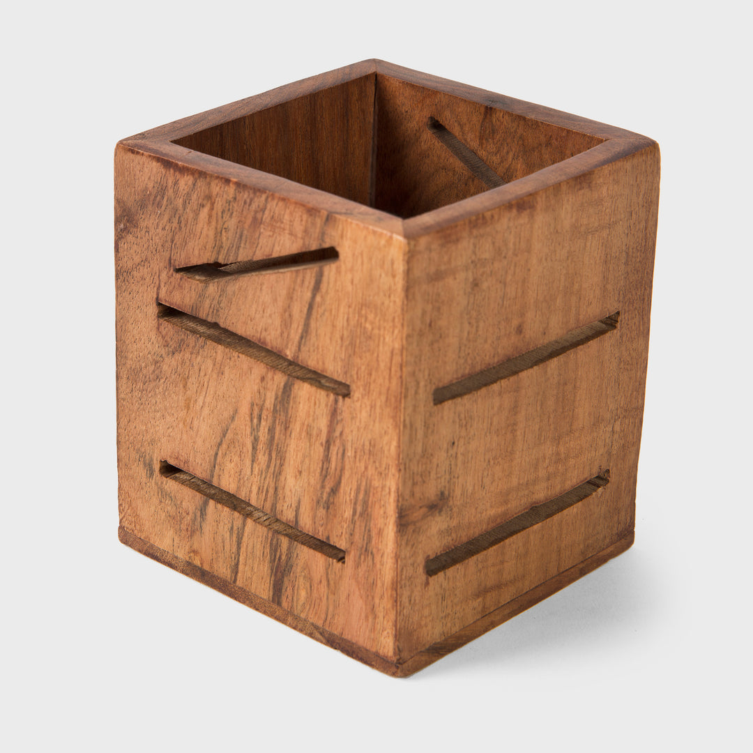 Hand carved square natural acacia wood pen cup holder 3.5x3.5x4 inch with linear cutouts 